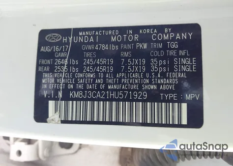 2017 Hyundai Tucson Value from USA, damaged, VIN KM8J3CA21HU571929